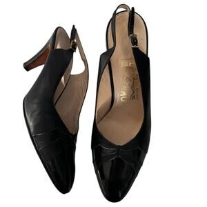 Vintage 1980s Salvatore Ferragamo Black Leather Slingback Heels Size 8B Italy